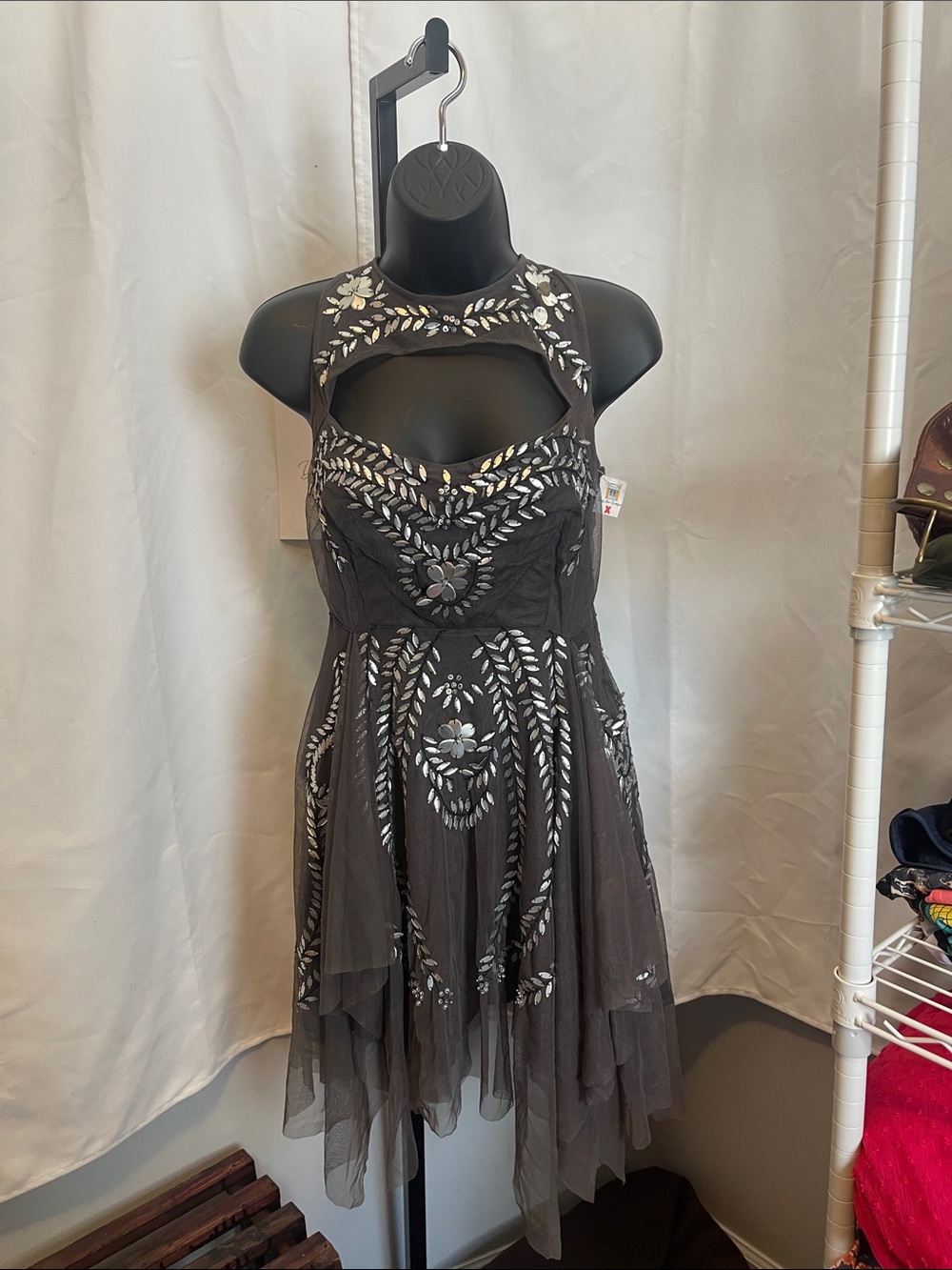 Nordstrom Black Mesh Embroidered Cutout Mini Dress - Picture 1 of 2